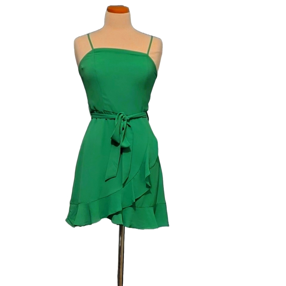 She + Sky Wrap Spahetti Strap Ruffled Belted Zip Cocktail Dress
